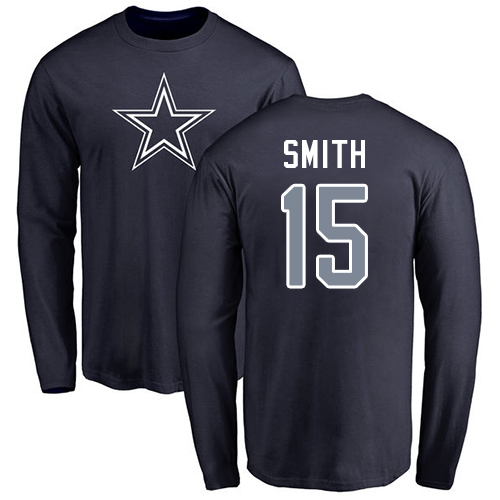 Men Dallas Cowboys Navy Blue Devin Smith Name and Number Logo #15 Long Sleeve Nike NFL T Shirt->nfl t-shirts->Sports Accessory